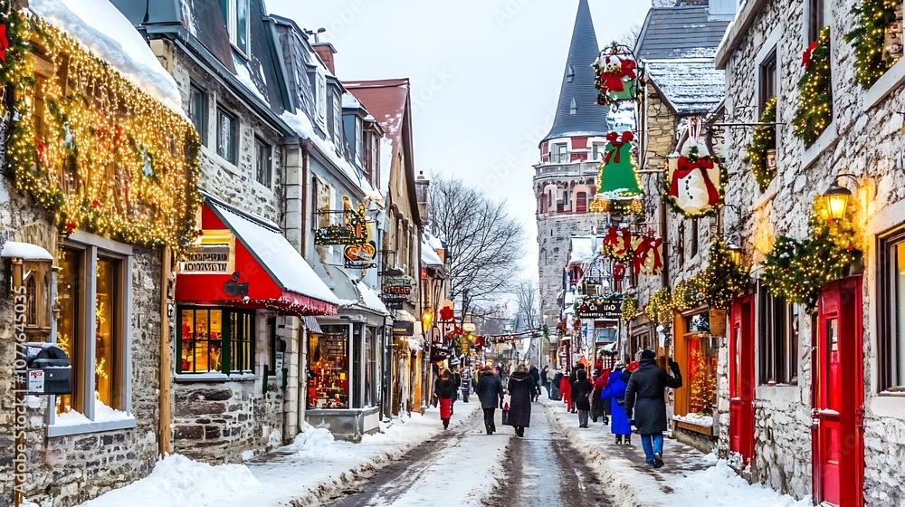 Fototapeta premium Festive Christmas Street Scene in a Snowy European Town