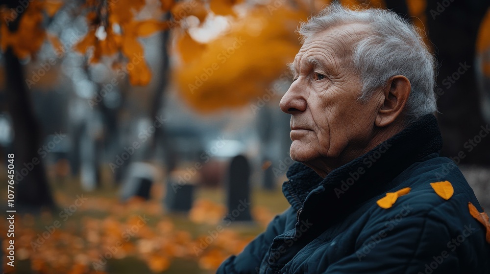 A thoughtful elderly man reflects on life and mortality amidst the serene autumn beauty of a quiet cemetery. A thoughtful elderly man reflects on life and mortality amidst the serene autumn beauty of a quiet cemetery.