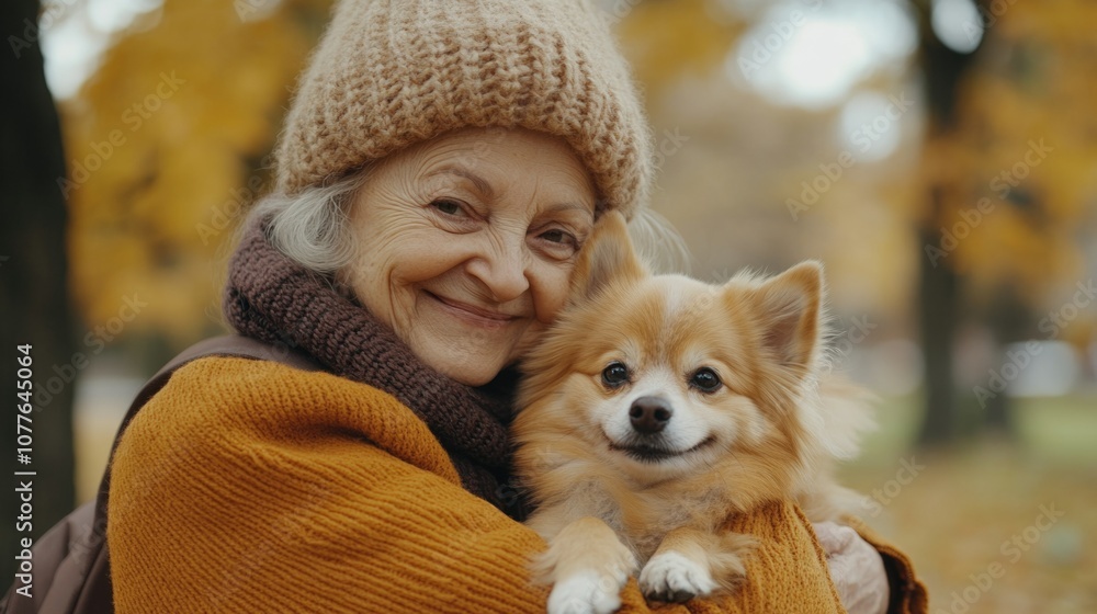Warm Autumn Scene with Elderly Woman and Small Dog Warm Autumn Scene with Elderly Woman and Small Dog