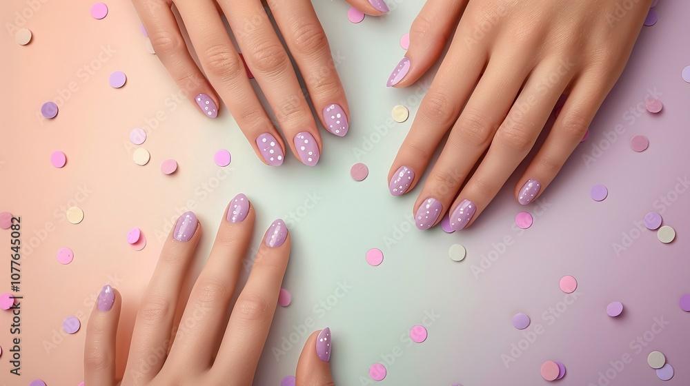 Hands with lavender nails, pastel gradient background, scattered confetti design, cheerful manicure, feminine beauty concept, stylish nail art, vibrant spring theme
Hands with lavender nails, pastel gradient background, scattered confetti design, cheerful manicure, feminine beauty concept, stylish nail art, vibrant spring theme