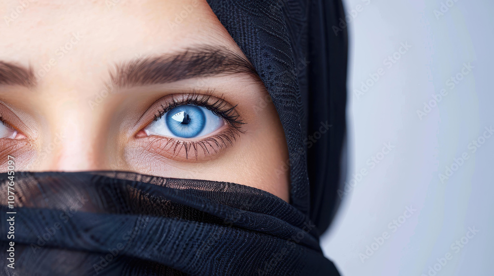A stunning portrait of a Caucasian Muslim woman with mesmerizing blue eyes against a crisp white backdrop, radiating grace. A stunning portrait of a Caucasian Muslim woman with mesmerizing blue eyes against a crisp white backdrop, radiating grace.