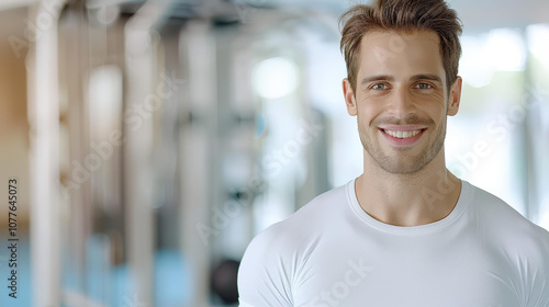 A strong man in a white tee showcases his fitness journey in bright natural light at the gym, radiating confidence and strength.