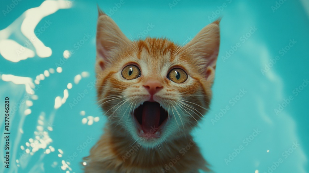 Playful Orange Kitten in Water with Open Mouth Expression Playful Orange Kitten in Water with Open Mouth Expression