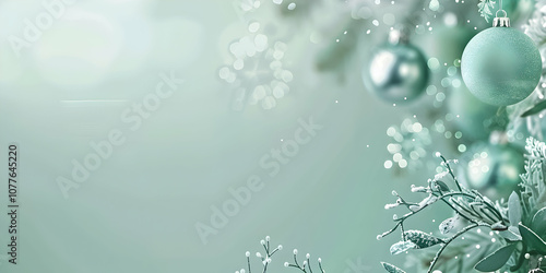 Soft mint green Christmas ornaments with delicate snowflakes, hanging on a festive tree branch.
