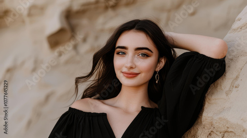 A stunning young model with flowing hair poses gracefully against a breathtaking landscape of mountains and grasslands. photo