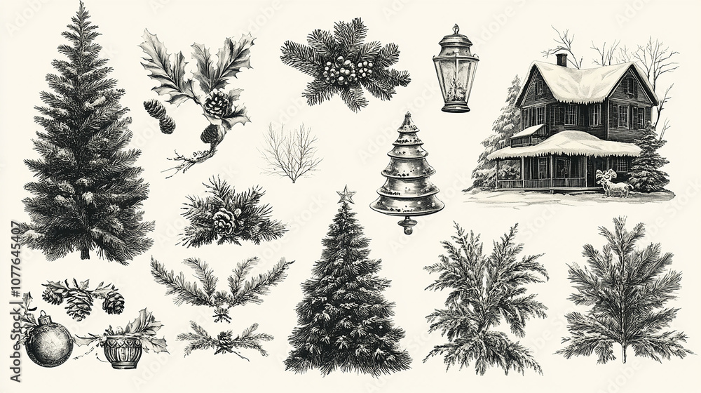 Obraz premium Watercolor Christmas symbols set. Hand painted winter plants, fir, red Christmas ball, holly, mistletoe. Holiday floral and objects vector illustration for design, print, background, greeting card.