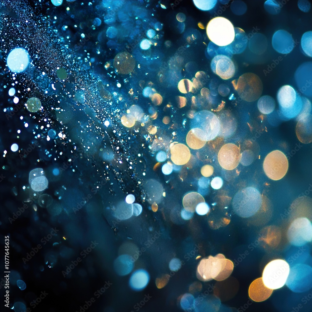 Abstract Blue Bokeh Background: Water Drops and Golden Light Abstract Blue Bokeh Background: Water Drops and Golden Light