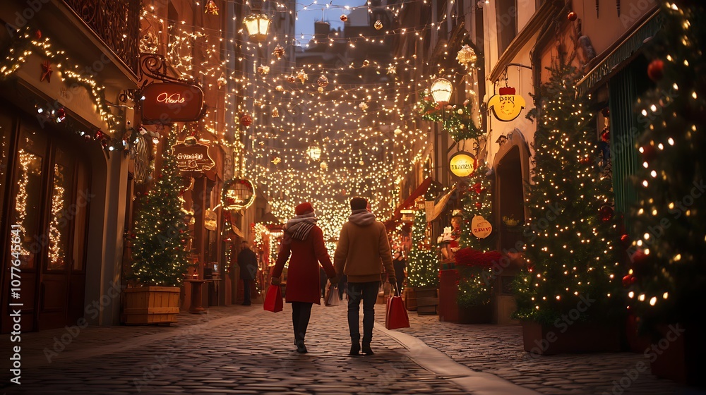 Couple Walking Through a Festive Christmas Street Market Couple Walking Through a Festive Christmas Street Market