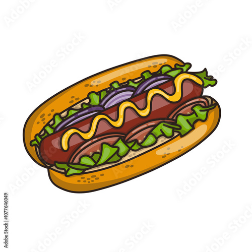 Delicious hot dog with mustard and vegetables