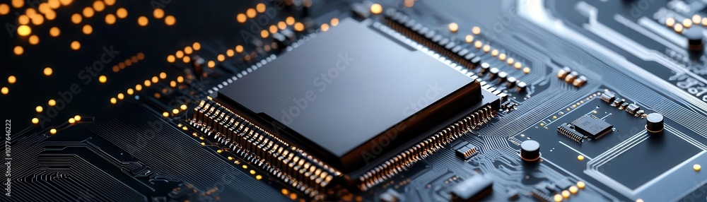 A close-up view of a microprocessor on a circuit board, showcasing intricate details and electronic connections. A close-up view of a microprocessor on a circuit board, showcasing intricate details and electronic connections.