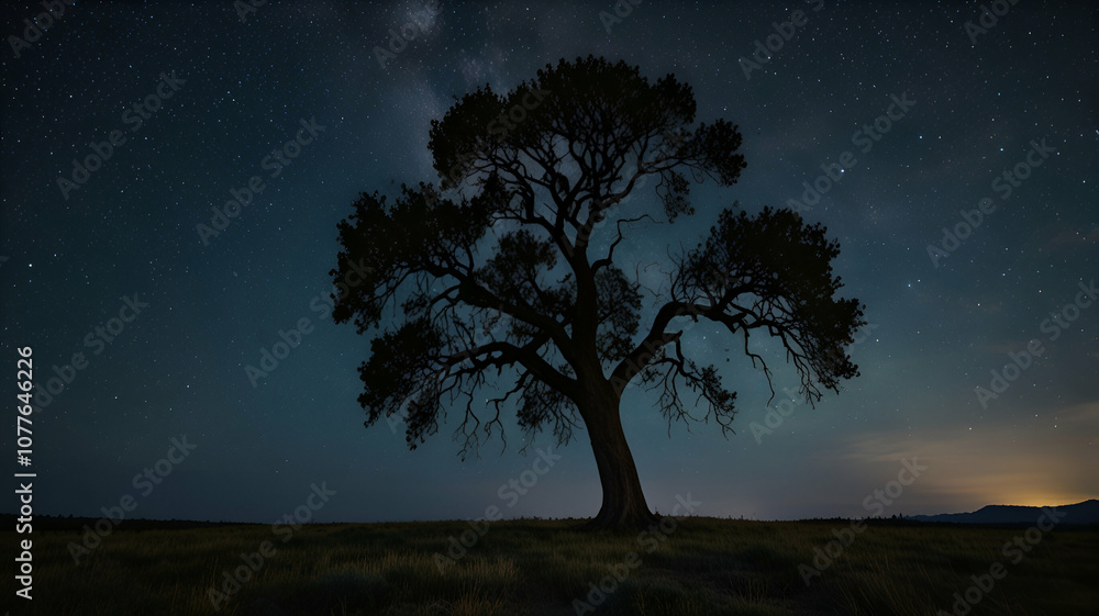 Single tree under a scattered starry sky. Background Single tree under a scattered starry sky. Background