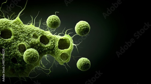 Detailed microscopic image of Chlorella sorokiniana a fast growing single celled green algae rendered in the style of a scientific from the Renaissance era against a stark black background