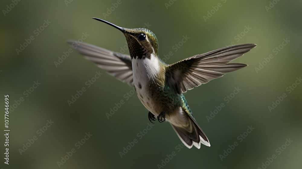 Fototapeta premium Hummingbird mid-flight with wings outspread. Background