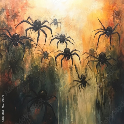 A Swarm of Spiders: A Creepy Close-Up Painting of Arachnids in a Dark and Surreal Setting