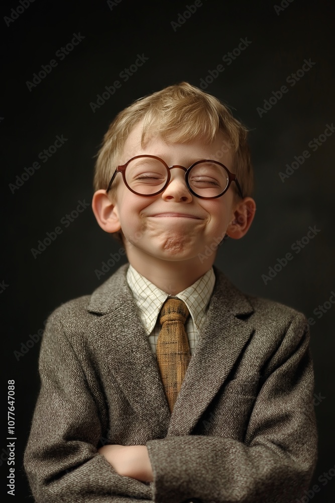 A young child, clad in suit and glasses, exudes confidence with a knowing, satisfied smile. A young child, clad in suit and glasses, exudes confidence with a knowing, satisfied smile.