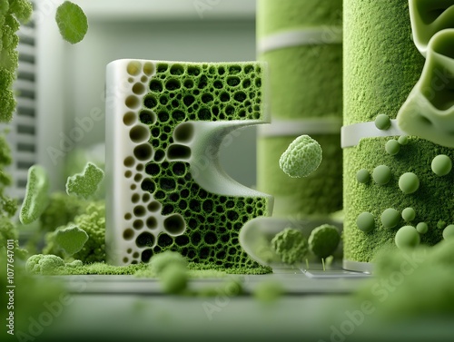 Detailed microscopic examination of lush green microalgae cultures thriving single celled organisms intricate organelle patterns densely packed colonies dynamic biomass scientific imagery photo