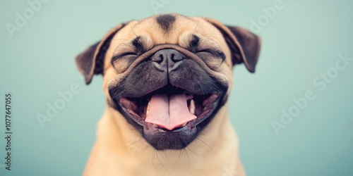 A cute pug dog expresses happiness with its eyes closed and tongue sticking out joyfully.