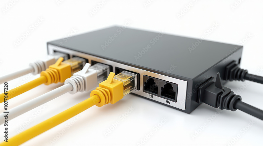 Realistic Network Switch With Ethernet Cables on White Background Realistic Network Switch With Ethernet Cables on White Background