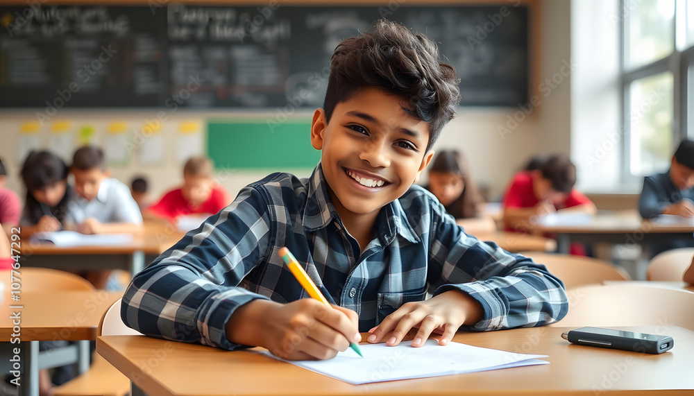Smiling schoolboy writing test during class in classroom isolated with white highlights, png Smiling schoolboy writing test during class in classroom isolated with white highlights, png