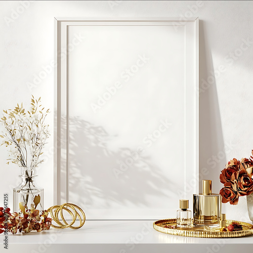 mockup of a4 portrait white frame white frame is the focus in a well lit light pastels shades female modern bedroom placed ontop of bedside drawers golden bangles and photo