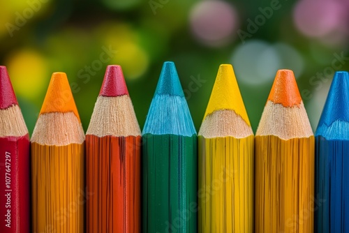 An array of sharp colored pencils in rainbow order, placed on a soft-focus background that enhances their hues. photo