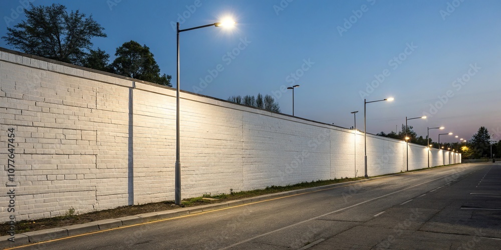 White brick wall with streetlights at dusk, urban, dark, background White brick wall with streetlights at dusk, urban, dark, background