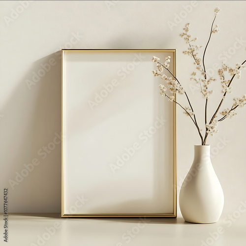 a gold picture frame with a blank A5 in glass very minimal setting photographic photoreal image photo