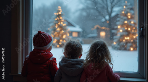 Kids Peering Through Frosted Window at Snowy Holiday Trees photo