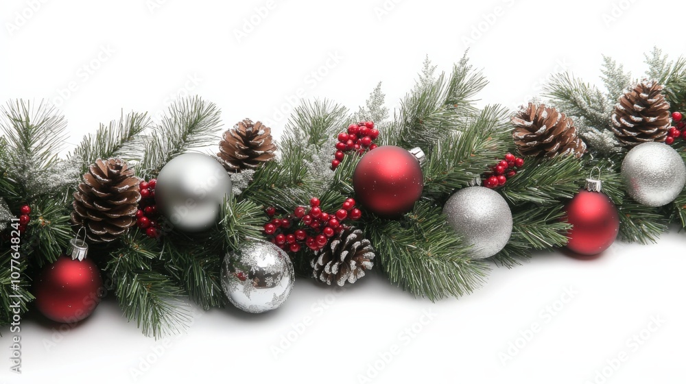 Festive Christmas Decoration with Ornaments and Pine Cones on White Background Festive Christmas Decoration with Ornaments and Pine Cones on White Background