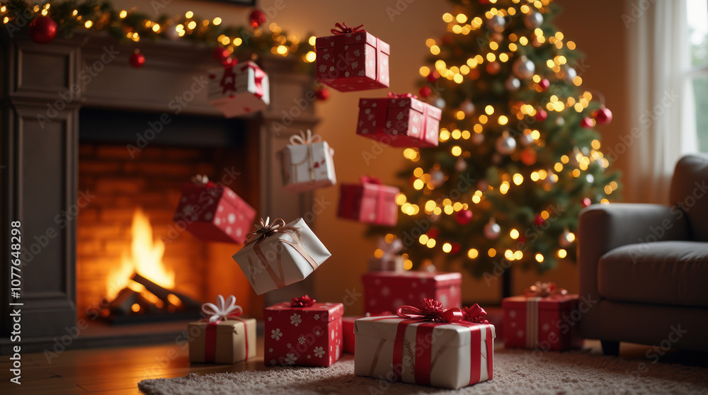Magical Christmas Gifts Floating Near a Cozy Fireplace and Festive Tree Magical Christmas Gifts Floating Near a Cozy Fireplace and Festive Tree