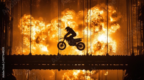 Silhouette of a motocross rider jumping over a fiery explosion on a bridge. photo