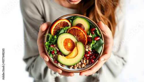 Girl holding vegan, detox Buddha bowl with avocado, persimmon, blood orange, nuts, spinach, arugula and pomegranate, balanced food. space for text. top view isolated with white highlights, png photo