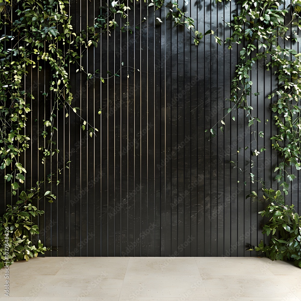 Obraz premium A minimalist backdrop featuring a dark wall with vertical lines and lush green vines.