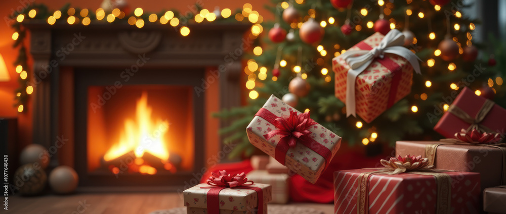 Floating Christmas Gifts Illuminated by Warm Lights Near a Cozy Fireplace Floating Christmas Gifts Illuminated by Warm Lights Near a Cozy Fireplace