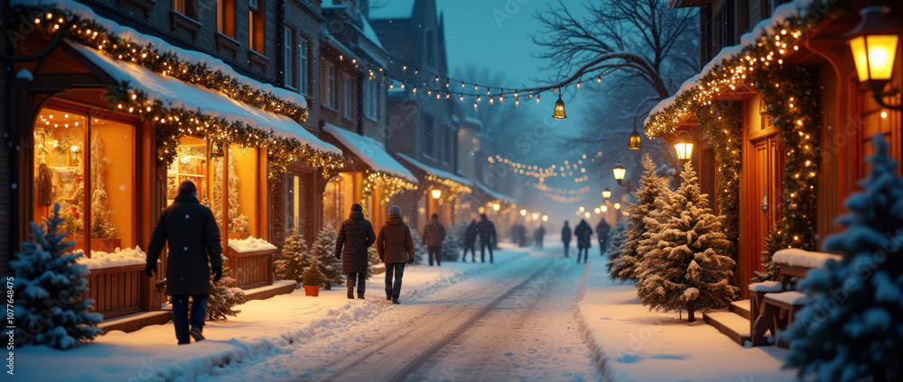 Naklejka premium A Snowy Christmas Street at Night With Warmly Lit Shops and Festive Ambiance