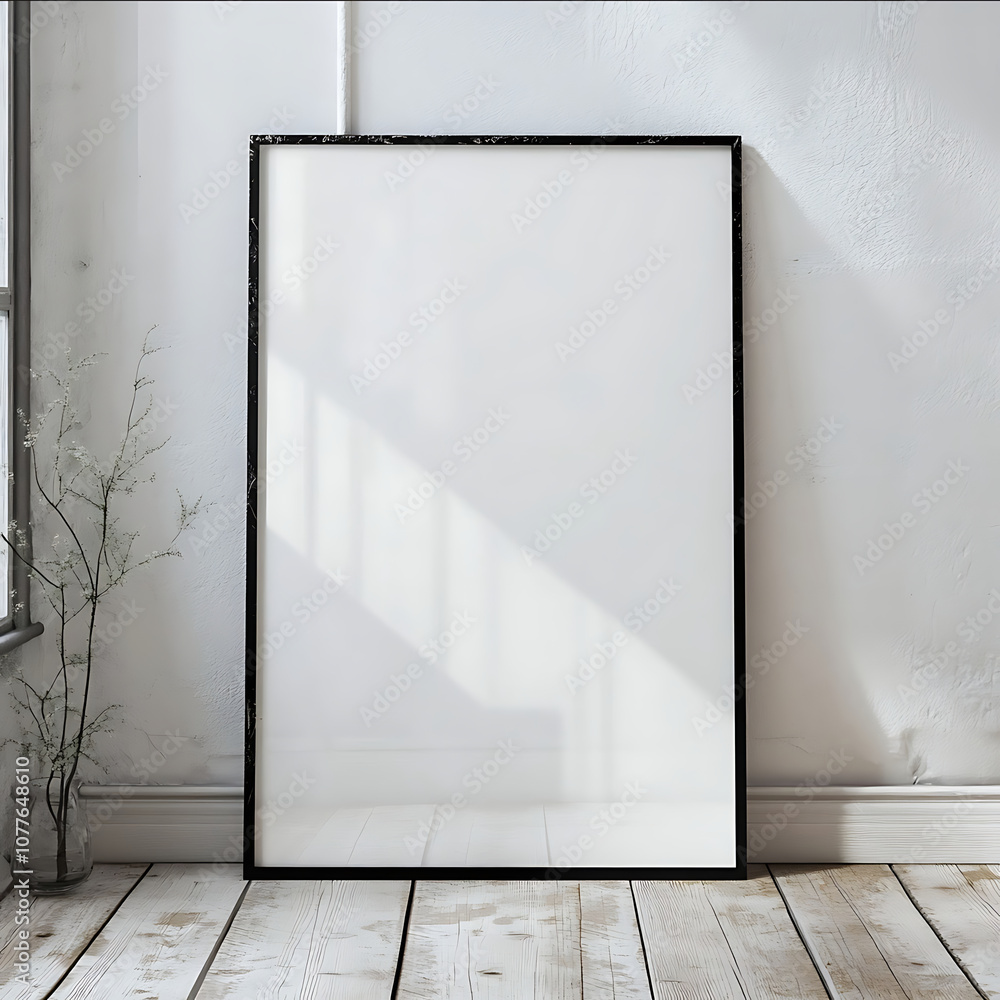 minimalistic empty vertical A1 size frame standing on wooden floor minimalistic empty vertical A1 size frame standing on wooden floor