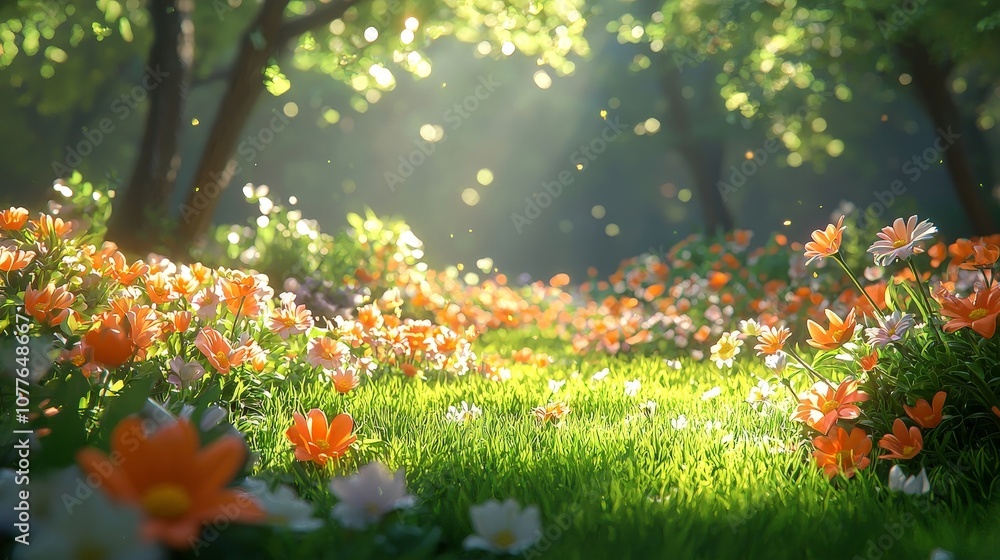 A serene pathway through a vibrant flower-filled meadow illuminated by sunlight. A serene pathway through a vibrant flower-filled meadow illuminated by sunlight.