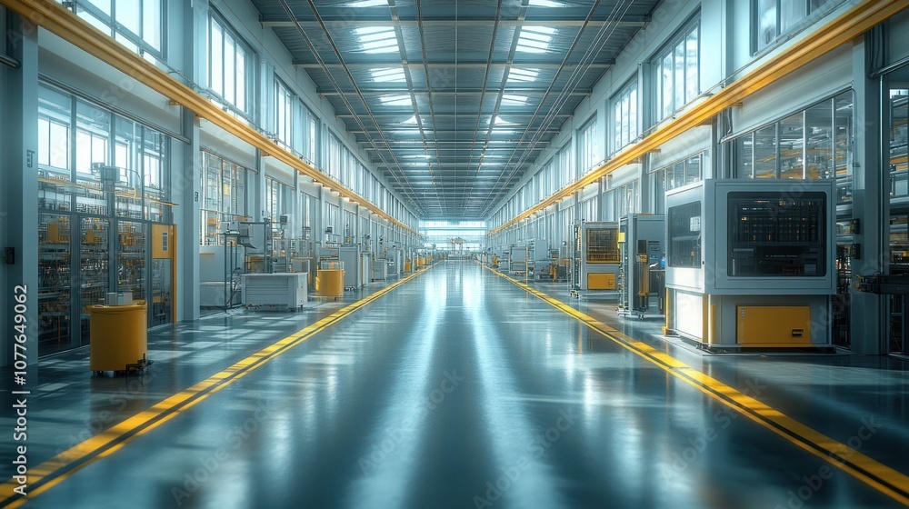 Fototapeta premium Modern industrial interior showcasing machinery and workspace.