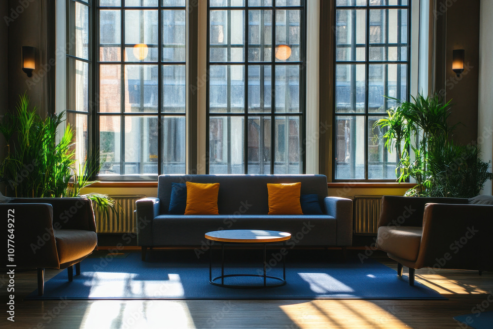Stylish modern lounge with blue sofa, orange pillows, and large windows, creating a cozy and inviting atmosphere. Stylish modern lounge with blue sofa, orange pillows, and large windows, creating a cozy and inviting atmosphere.