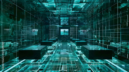 A futuristic digital environment with glowing grids and abstract data structures. photo