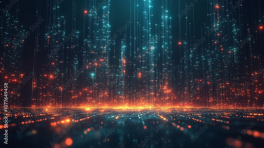 Naklejka premium Optical data concept depicted by abstract glowing lines on a dark background. The high speed, vast capacity data transmission enabled by optical fiber technology digital vector illustration.