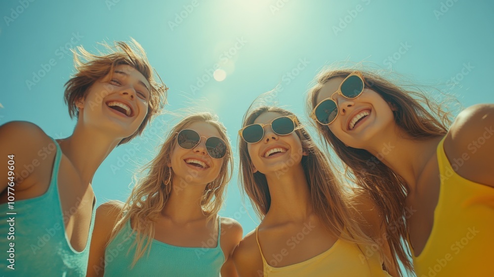 Joyful Summer Vibes: Four Friends Smiling Under the Sun Joyful Summer Vibes: Four Friends Smiling Under the Sun