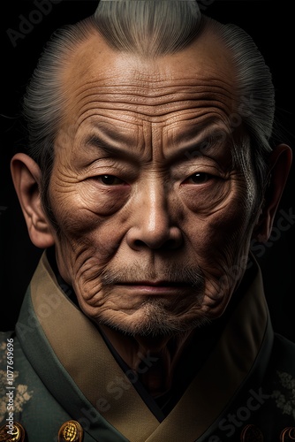 Portrait of an old asian man on a black background.