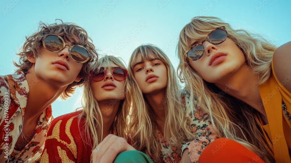 Fototapeta premium Vibrant Fashion Portrait of Friends Enjoying a Sunny Day Outdoors