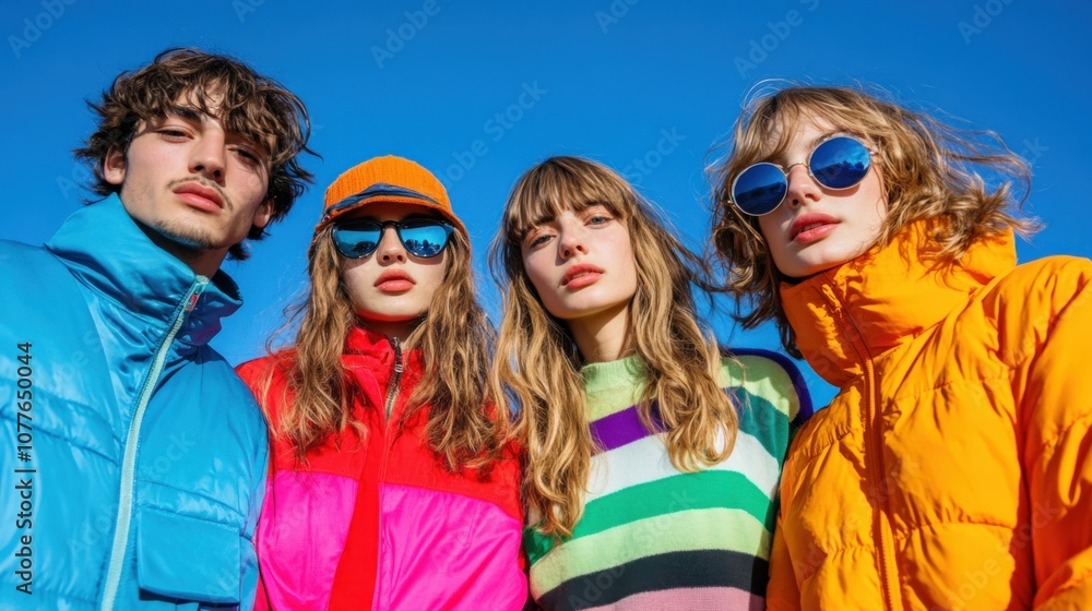 Vibrant Youthful Fashion: A Group of Trendsetters Under Clear Blue Skies Vibrant Youthful Fashion: A Group of Trendsetters Under Clear Blue Skies
