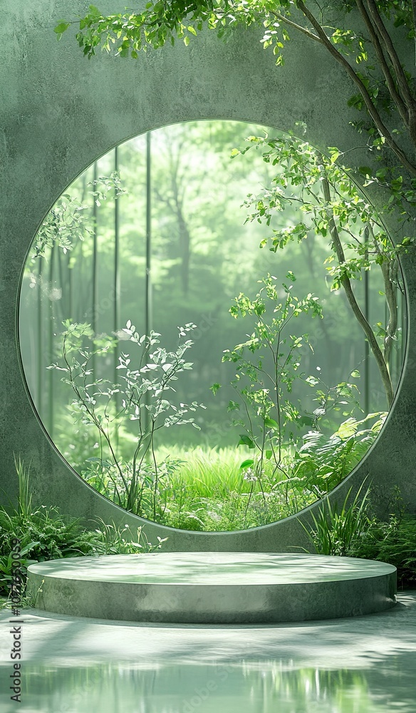 Green background, circular glass window with a light green and transparent textured style, glass material, transparent water plants, grass decoration, generative ai Green background, circular glass window with a light green and transparent textured style, glass material, transparent water plants, grass decoration, generative ai