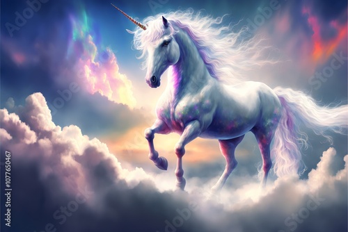 Unicorn in the clouds. Fantasy background. 3d rendering