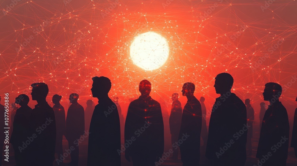 Silhouetted Figures Against a Digital Sunrise in Abstract Network Design Silhouetted Figures Against a Digital Sunrise in Abstract Network Design