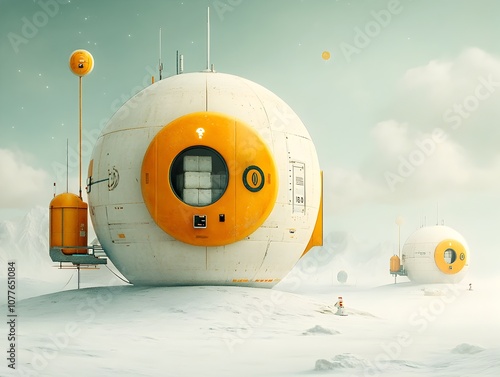 Futuristic cargo teleportation hubs with dematerialized goods being reassembled at distant locations  Minimalist architectural structures featuring a muted color palette and clean lines photo