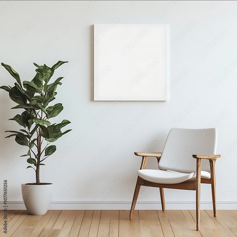 30x30 square picture on white wall in all white simple next to chair straight on 30x30 square picture on white wall in all white simple next to chair straight on